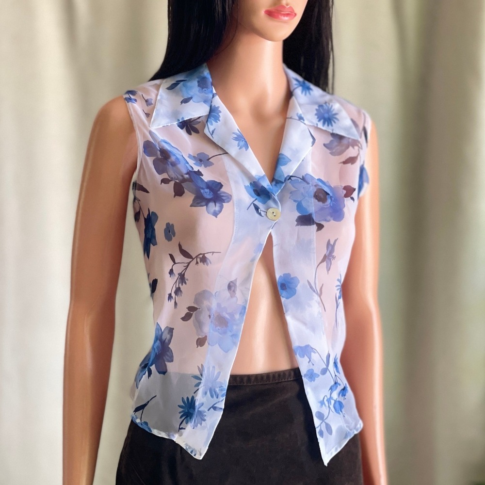 Vtg 90s Blue Floral Sheer Chiffon Sleeveless Blouseโ Top Soft Girl Coquette L